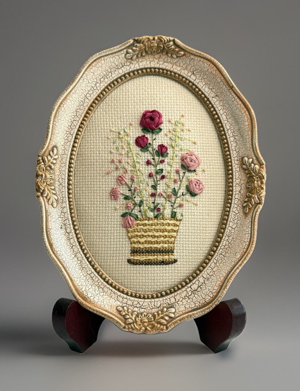 Vintage Silk Ribbon Embriodery Cottage Core Floral Needlework Ornate Oval Framed